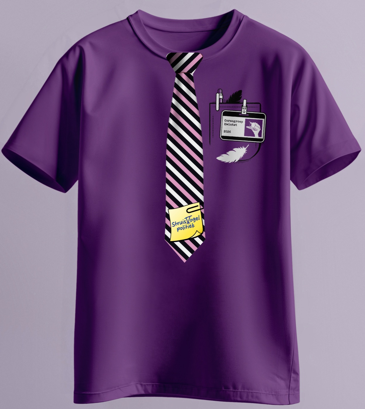 Het paarse corsoshirt van Corsogroep Kwintet, met gedrukte stropdas